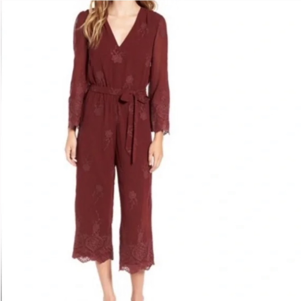 Revolve WAYF Lace Overlay Jumpsuit in Maroon / Burgundy